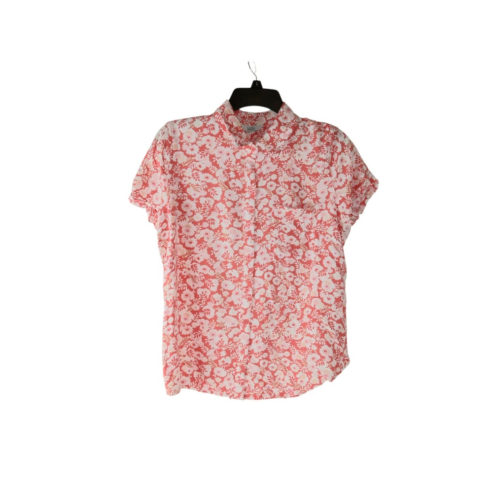 Croft & Barrow Womens Coral White Floral Rayon Short‎ Sleeve Button Up Shirt S